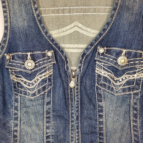 Harley-Davidson MEDIUM Rhinestone Bejeweled Blue Denim Zip Up Vest - Picture 4 of 9